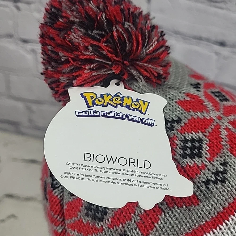 Pokemon‎ Pokeball Bioworld Beanie Cap Fair Isle Pompom Gray Ski Cap O/S Ages 14+